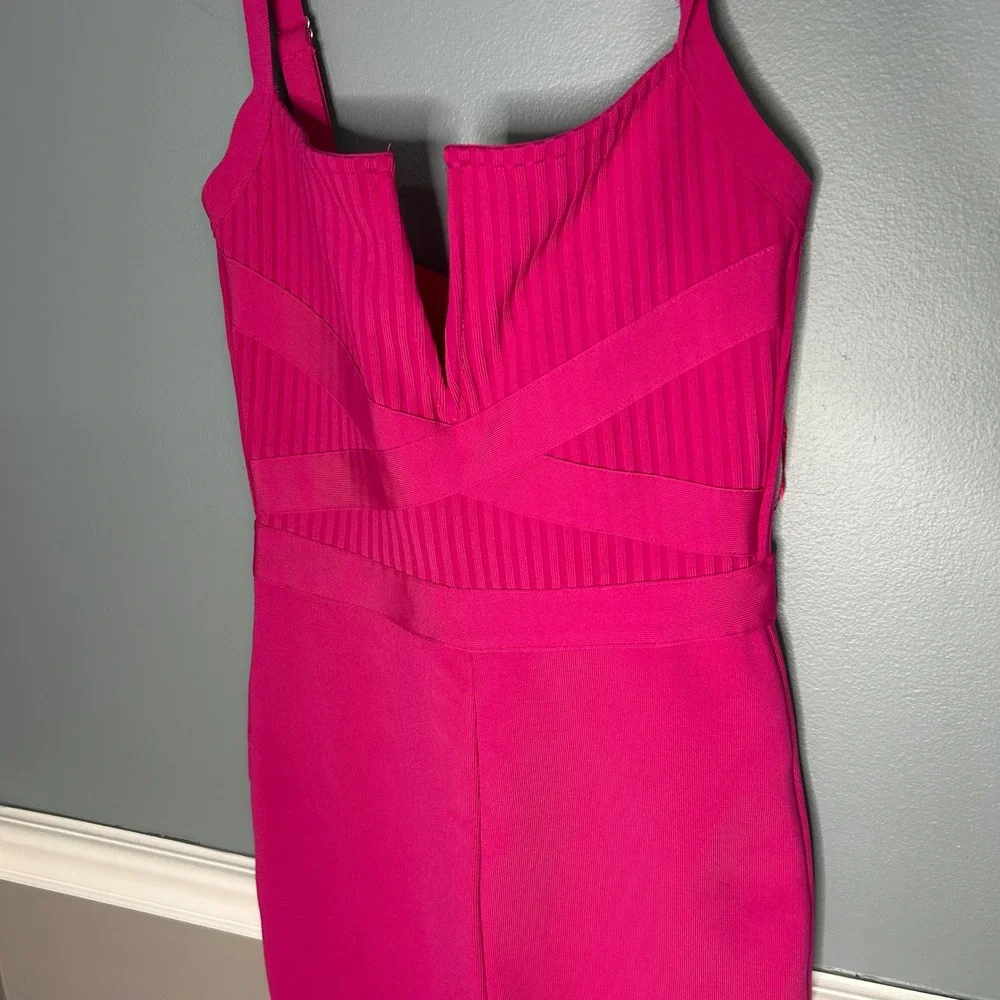 Fashion Nova‎ Misty Bandage Jumpsuit Magenta Pink Flare Leg Plunging V-Neck XS